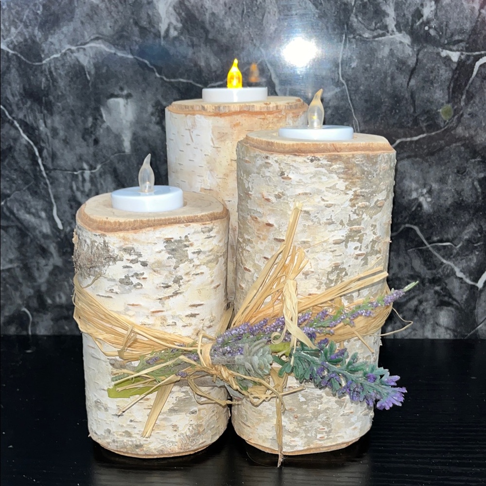 Rustic real Birch wood, handmade  Candle Set, set of 3, batteries needed.